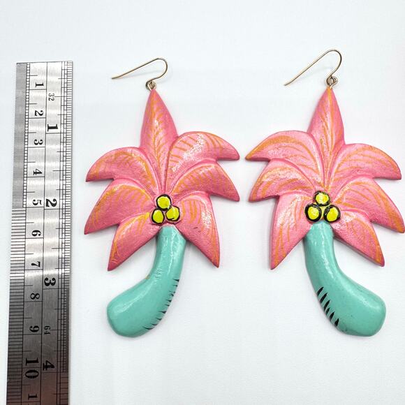 Vintage Palm Tree Huge Hand Painted Earrings Wood Miami Kitschy Wacky Fun Beachy - Picture 5 of 8